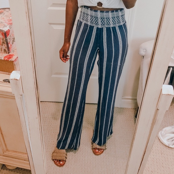 Indigo Rein Pants - INDIGO REIN NAVY BLUE & WHITE STRIPED FLARE PANTS